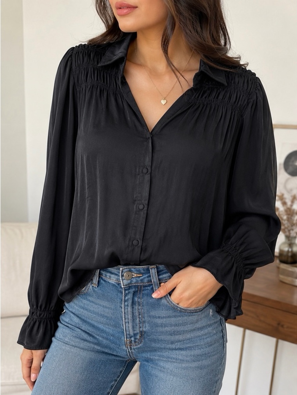 Umgee Black Smocked Long Sleeve Blouse